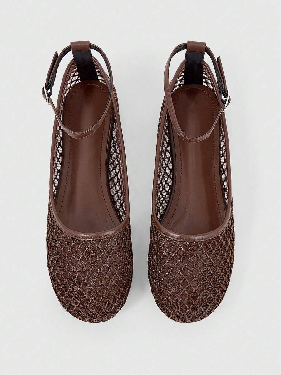 Sleekvia New Women's Summer Popular Fashion Minimalist Woven Breathable Mesh Pointed Toe Adjustable Strap Flat Brown Shoes - Brown - View 1