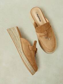 Styleloop Ladies Autumn Camel Suede Metal Charm Bow Baotou Half Tow, Round Head Slope Heel Straw Thick Bottom Daily Wear Muller Slippers - Camel - View 5