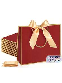 10pcs Set (5 Burgundy Gift Bags + 5 Ribbons With Handles) - Thank You Gift Bags, Paper Welcome Bags With Bow Ribbons For Weddings, Bridesmaids, Showers, Housewarmings, Birthdays, Thanksgiving, And Christmas Gift Wrapping - Multicolor - View 2