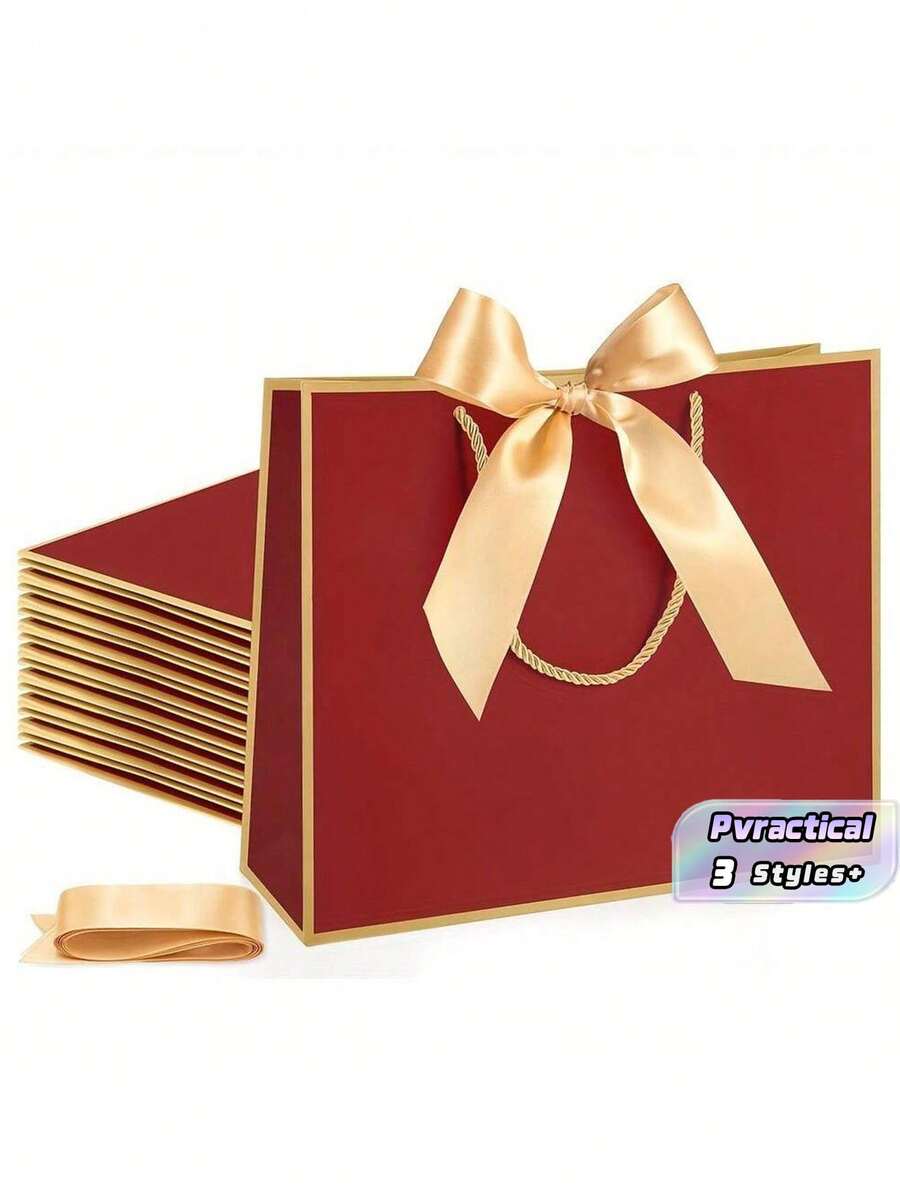 10pcs Set (5 Burgundy Gift Bags + 5 Ribbons With Handles) - Thank You Gift Bags, Paper Welcome Bags With Bow Ribbons For Weddings, Bridesmaids, Showers, Housewarmings, Birthdays, Thanksgiving, And Christmas Gift Wrapping