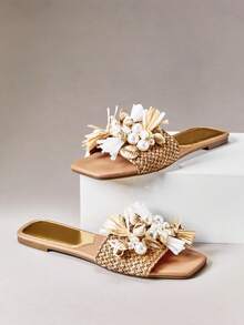 SHUZIA New Hot Girl Summer Square Toe Glamorous Sea Shell Decor Vacation Sandal Tan Color Summer Shoes - Maroon - View 5