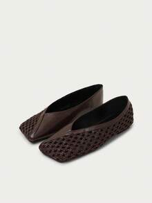 Nöista Pointed Ballet Flat Combining Smooth And Openwork Woven Panels, With A Deep Vamp And Lightweight Design For Summer Wear. - Coffee Brown - View 1