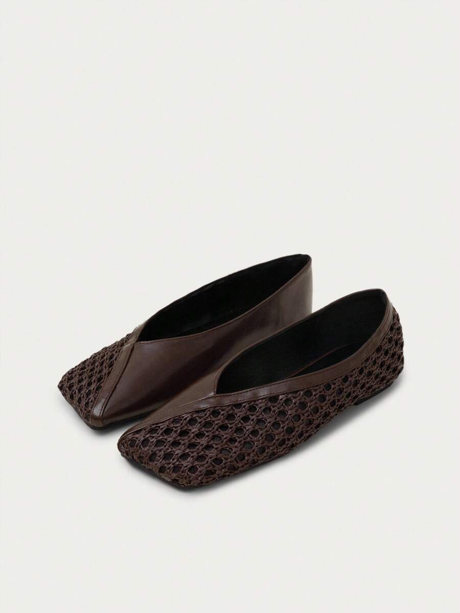 Nöista Pointed Ballet Flat Combining Smooth And Openwork Woven Panels, With A Deep Vamp And Lightweight Design For Summer Wear. - Coffee Brown - View 1