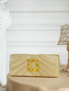 SHECARRY Ladies' Fashion Gold Satin Pleated Clutch Bag, Exquisite Rhinestone Square Buckle, For Parties, Dinners, Festivals, Weddings, Dress Matching - Gold - View 2