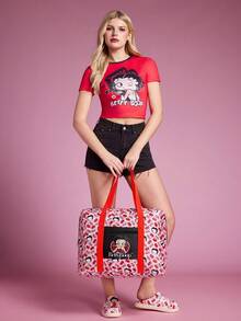 Betty Boop x SHEIN 印花可折疊大號旅行托特包，前置拉鍊口袋，適合旅行、健身房及日常行李收納 - 粉+黑 - 查看 5