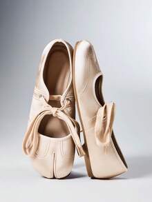 SHEIN Solezae Women's Beige Split-Toe Lace-Up Ballet Flats, Soft Sole Comfortable Flat Shoes - Apricot - View 1