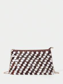 SHECARRY Women's Fashion Fish Scale Shell Slices Clutch Bag, Exquisite Brown + Beige Contrasting Shell Slices, For Shopping, Vacation, Travel, Bohemia - Coffee - View 3