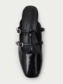 Nöista Elegant Black Patent Mule With Double Adjustable Buckle Straps, Square Toe Silhouette And Low Block Heel For A Refined Look. - Black - View 8