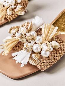 SHUZIA New Hot Girl Summer Square Toe Glamorous Sea Shell Decor Vacation Sandal Tan Color Summer Shoes - Maroon - View 6