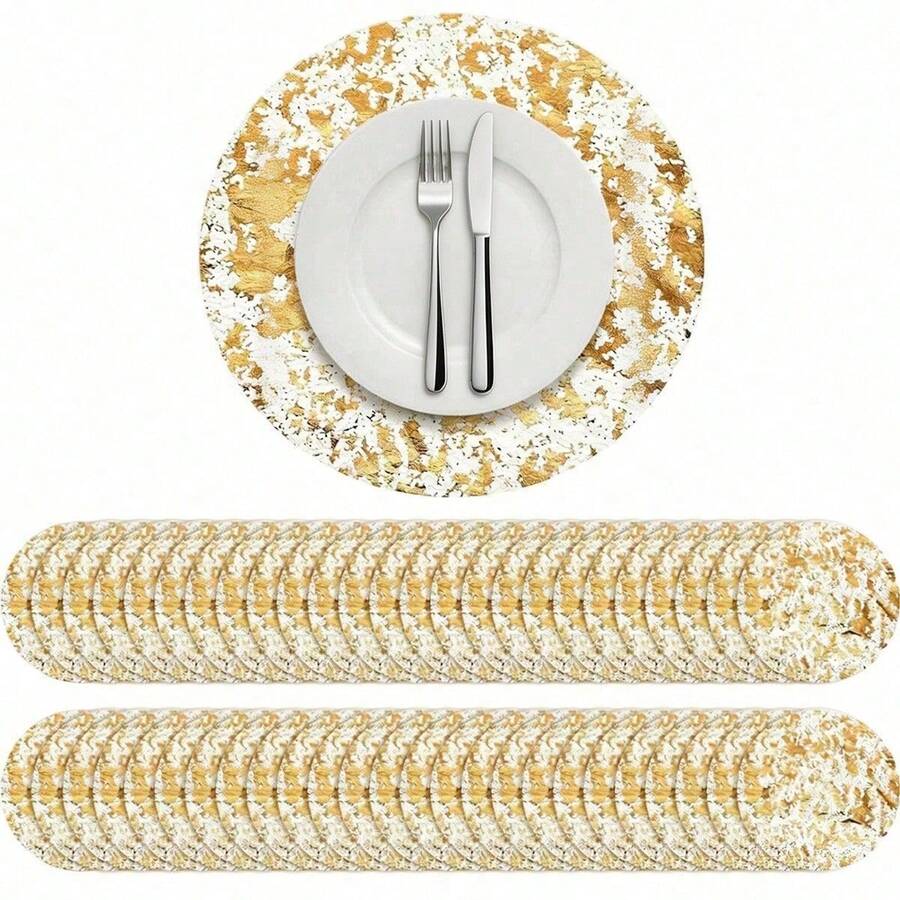 1 Set Disposable Gold Placemats, 13-Inch Round Gold Foil Mesh Pressed Autumn Dining Table Mats, Gold Metal Thin Net Table Flags, Suitable For Home Decor, Dining Table, Wedding, Birthday Party - Multicolor - View 1
