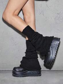 ROMWE Grunge Punk 1Pairy2k Punk Style Black Slightly Elongated Tube Stackable Socks Cover, Fashionable Versatile Women's Leg Cover, Suitable For Daily, Dating, Parties - Black 01 - View 1