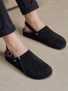 Solecia Autumn And Winter New Elegant Imitation Suede, Round Toe, Back Lift Buckle Design, Slip-On Off The Heel, Women's Flat Shoes - Black velvet - View 2