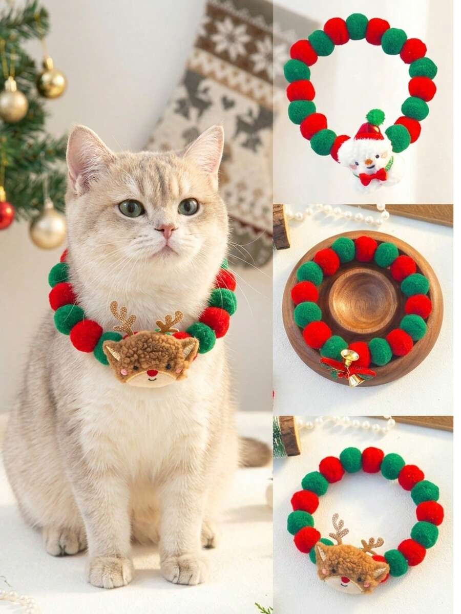 PETSIN 1 Piece, Christmas Pet Fur Ball Collar, Fun And Cute Holiday-Themed Necklace With Bells, Suitable For Small And Medium-Sized Pets - Multicolor - View 1
