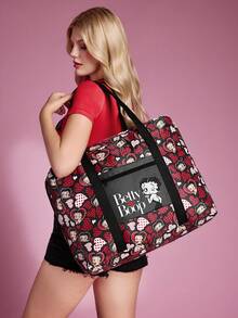 Betty Boop x SHEIN Print Foldable Large Travel Tote Bag, Front Zip Pocket. Foldable Design For Trips, Gym And Daily Luggage Storage - Red + Black - View 1