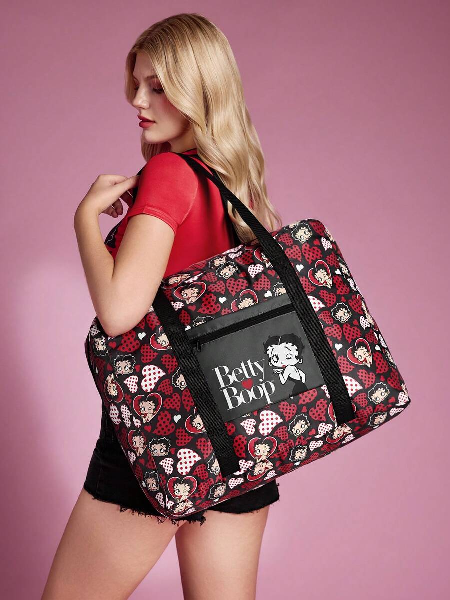 Betty Boop x SHEIN Print Foldable Large Travel Tote Bag, Front Zip Pocket. Foldable Design For Trips, Gym And Daily Luggage Storage - Red + Black - View 1