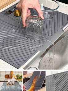 1 Silicone Drain Mat, Sloped Bowl And Cup Rack Pad, Bathroom Drain Filter Mat, Non-Slip Kitchen Table Mat, Placemat/Coaster, Kitchen Accessory, Heat-Resistant, Non-Slip Kitchen Mat For Sink Area, Home And Kitchen Decor - Dark Grey - View 4
