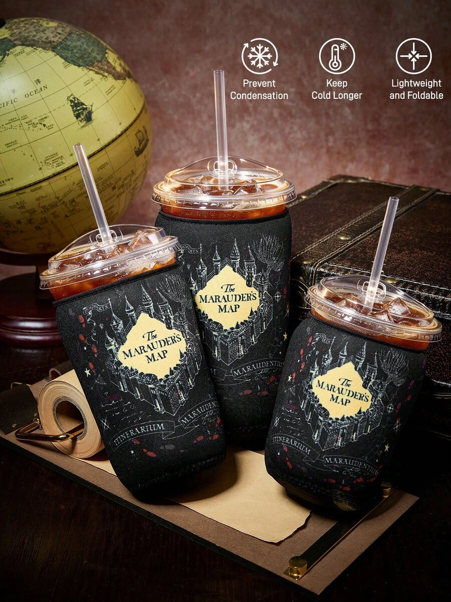 HARRY POTTER X SHEIN 1Pc Cute Printed Fabric Cup Holder, Neoprene Cup Sleeve Thermal Insulation Material, Reusable, S/M/L Three Sizes, Suitable For Different OZ Coffee Cups - Black - View 1