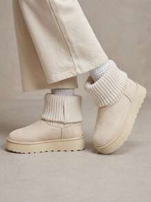 Solecia Women's Knitted Fold-Over Beige Snow Boots, Comfortable Thick Sole Height-Increasing Warm Winter Boots - Beige - View 6