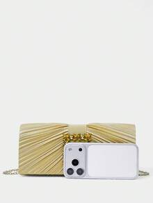 SHECARRY Ladies' Fashion Gold Satin Pleated Clutch Bag, Exquisite Rhinestone Square Buckle, For Parties, Dinners, Festivals, Weddings, Dress Matching - Gold - View 5