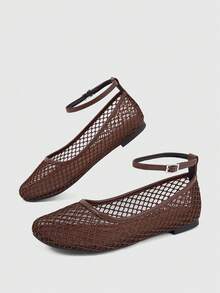Sleekvia New Women's Summer Popular Fashion Minimalist Woven Breathable Mesh Pointed Toe Adjustable Strap Flat Brown Shoes - Brown - View 4