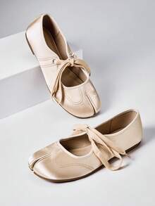 SHEIN Solezae Women's Beige Split-Toe Lace-Up Ballet Flats, Soft Sole Comfortable Flat Shoes - Apricot - View 3