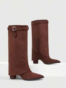 CUCCOO SZL Maillard Retro Style Women Autumn And Winter Shopping Dating Side Silver Square Buckle Solid Color Pointed Toe Tall Tube Thick Heel - Coffee Brown - View 3