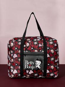 Betty Boop x SHEIN Print Foldable Large Travel Tote Bag, Front Zip Pocket. Foldable Design For Trips, Gym And Daily Luggage Storage - Red + Black - View 3