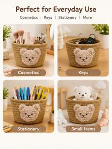 Cute Pink Bear Woven Storage Basket, Cotton Rope Desktop Organizer Bin, Small Decor Basket For Cosmetics, Keys, Stationery, Bedroom Nursery Home Decor - Multicolor - View 2