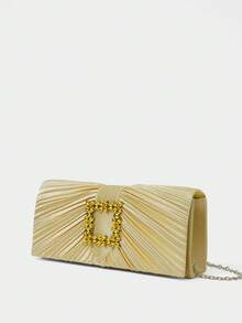 SHECARRY Ladies' Fashion Gold Satin Pleated Clutch Bag, Exquisite Rhinestone Square Buckle, For Parties, Dinners, Festivals, Weddings, Dress Matching - Gold - View 1