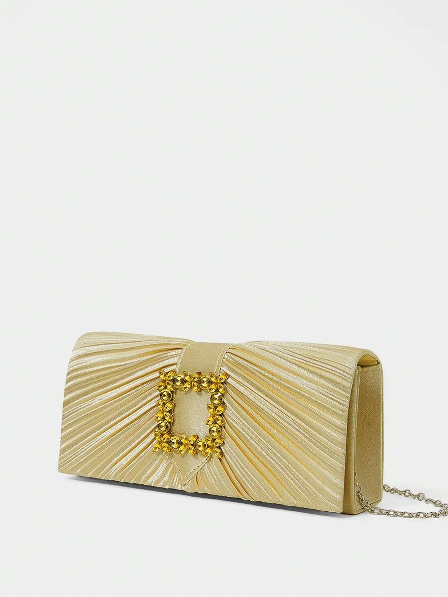 SHECARRY Ladies' Fashion Gold Satin Pleated Clutch Bag, Exquisite Rhinestone Square Buckle, For Parties, Dinners, Festivals, Weddings, Dress Matching - Gold - View 1