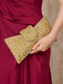 MOTF WOMEN'S FASHION LIGHT LUXURY BOW SHAPE CLUTCH BAG, EXQUISITE RHINESTONE GOLD DINNER BAG, USED FOR PARTIES, FESTIVALS, WEDDINGS, DRESS MATCHING - Gold - View 1