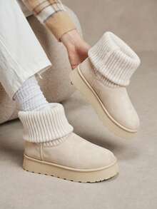 Solecia Women's Knitted Fold-Over Beige Snow Boots, Comfortable Thick Sole Height-Increasing Warm Winter Boots - Beige - View 1