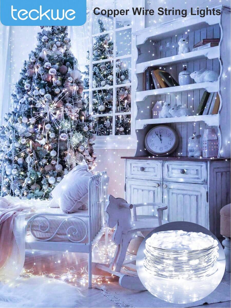 Teckwe 1pc Home Decoration LED Copper Wire String Lights, Battery Powered,Christmas Home Decorative Light String, Christmas Tree Decor LED Fairy String Light,Flexible Silver Wire Decorative Lights For Christmas Bedroom Wedding Party Home Decoration - Copper wire - View 1
