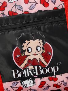 Betty Boop x SHEIN 印花可折疊大號旅行托特包，前置拉鍊口袋，適合旅行、健身房及日常行李收納 - 粉+黑 - 查看 6