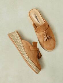 Styleloop Women's Autumn Camel Suede Fringed Bag Head Half-Tow, Round Head, Weave Wedge Heel, Thick Bottom Fashion, Wear Muller Slippers - Camel - View 6