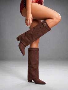 CUCCOO SZL Maillard Retro Style Women Autumn And Winter Shopping Dating Side Silver Square Buckle Solid Color Pointed Toe Tall Tube Thick Heel - Coffee Brown - View 1