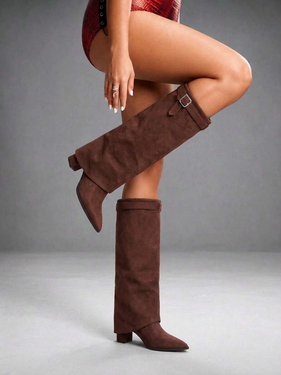 CUCCOO SZL Maillard Retro Style Women Autumn And Winter Shopping Dating Side Silver Square Buckle Solid Color Pointed Toe Tall Tube Thick Heel - Coffee Brown - View 1