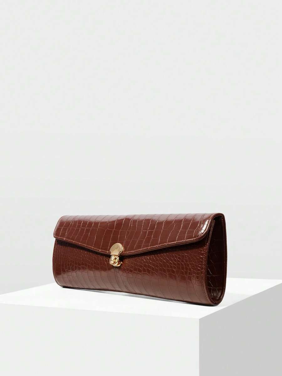 MOTF LADIES FASHION BROWN CLUTCH BAG, EXQUISITE RETRO CROCODILE PATTERN PU BAGUETTE BAG, FOR PARTIES, PARTIES, SHOPPING, WEDDINGS, DRESS MATCHING - Brown - View 1