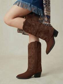Styleloop Women's Embroidered Western Boots, Music Festival Party Christmas Halloween Costume, Brown Slip-On Chunky Heel Boots Winter Boots - Coffee Brown - View 7