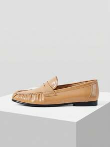 MOTF PREMIUM WOMEN'S SMALL LEATHER SHOES, LOAFERS, BUSINESS CASUAL FLAT-BOTTOMED OVERSHOES, CLASSIC HORIZONTAL PLEATED DECORATIVE COMMUTER SHOES - Apricot - View 2