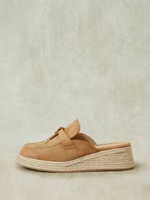 Styleloop Ladies Autumn Camel Suede Metal Charm Bow Baotou Half Tow, Round Head Slope Heel Straw Thick Bottom Daily Wear Muller Slippers - Camel - View 2
