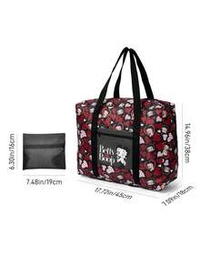 Betty Boop x SHEIN Print Foldable Large Travel Tote Bag, Front Zip Pocket. Foldable Design For Trips, Gym And Daily Luggage Storage - Red + Black - View 7