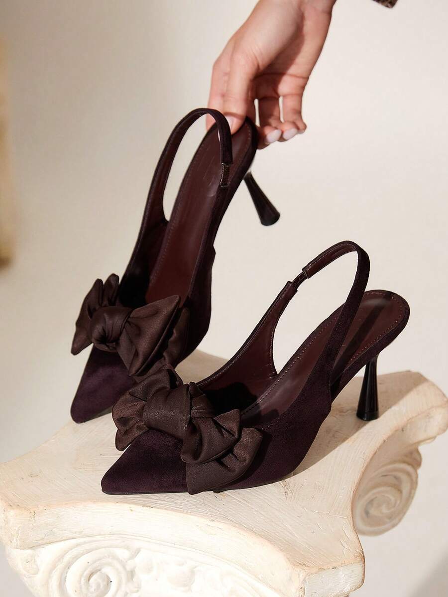 CUCCOO CHICEST Ladies Pointed Thin Heel Double Bow Fashion Versatile Simple Elegant Back Empty Dinner Party High Heels - dark brown - View 1