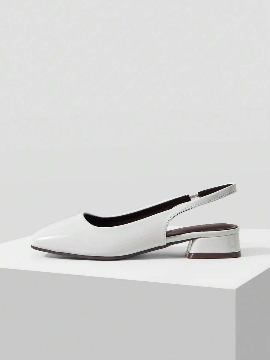 Mnmlis Women's Square Toe Chunky Heel Commuter Minimalist Slingback High Heel Pumps - White patent leather - View 1
