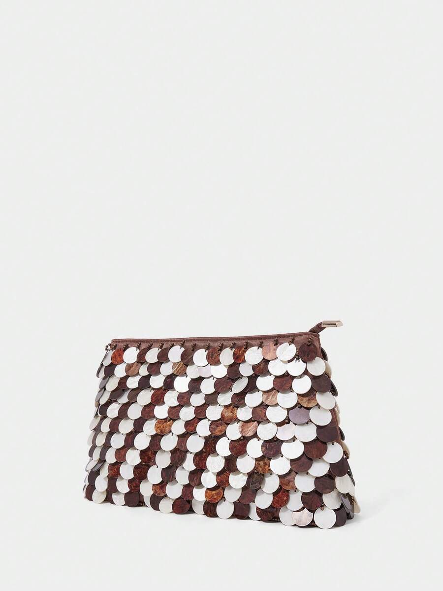 SHECARRY Women's Fashion Fish Scale Shell Slices Clutch Bag, Exquisite Brown + Beige Contrasting Shell Slices, For Shopping, Vacation, Travel, Bohemia - Coffee - View 1