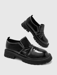 CUCCOO BIZCHIC Wrinkled Design Round Head Platform Loafers Women's Casual Black Versatile Fashion Punk Style Versatile Outdoor Single Shoes - Black - View 1