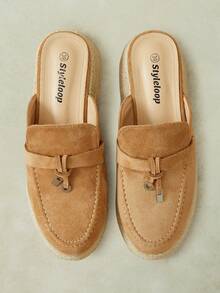 Styleloop Ladies Autumn Camel Suede Metal Charm Bow Baotou Half Tow, Round Head Slope Heel Straw Thick Bottom Daily Wear Muller Slippers - Camel - View 3