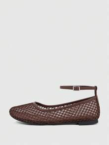 Sleekvia New Women's Summer Popular Fashion Minimalist Woven Breathable Mesh Pointed Toe Adjustable Strap Flat Brown Shoes - Brown - View 6