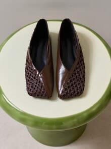 Nöista Pointed Ballet Flat Combining Smooth And Openwork Woven Panels, With A Deep Vamp And Lightweight Design For Summer Wear. - Coffee Brown - View 5