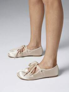 SHEIN Solezae Women's Beige Split-Toe Lace-Up Ballet Flats, Soft Sole Comfortable Flat Shoes - Apricot - View 4